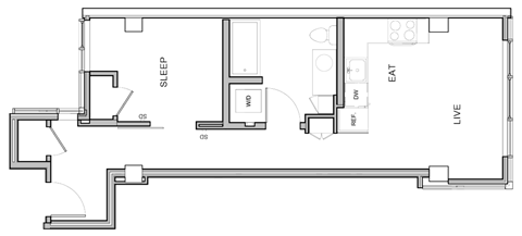 A floor plan of a house with a sleeping area, a living area, and a kitchen.